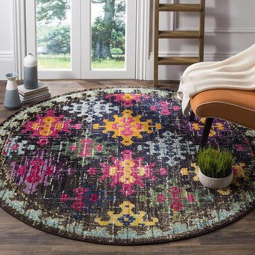 Monaco Collection Area Rug - 6'7" Round, Multi, Boho Diamond Trellis Design, Non-Shedding & Easy Care, Ideal for High