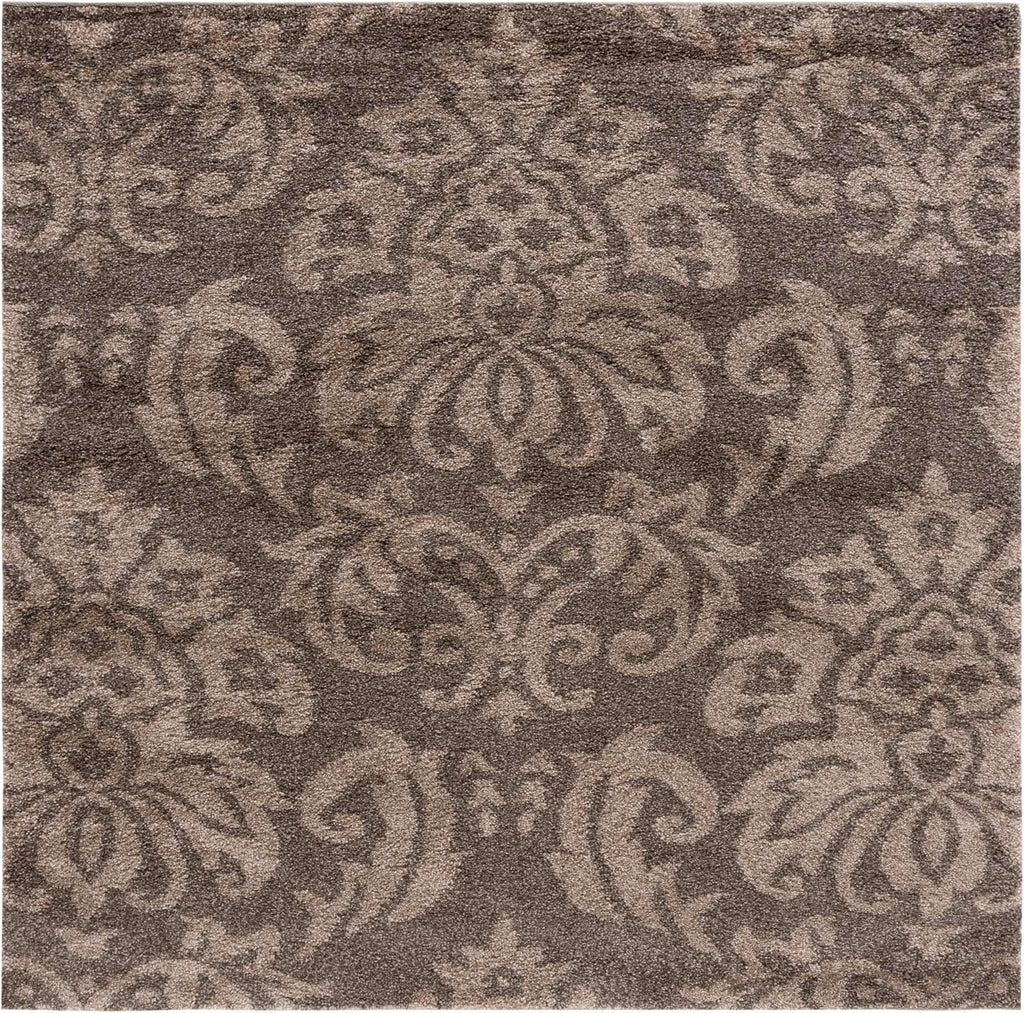 Florida Shag Collection Area Rug - 6'7" Square, Smoke & Beige, Damask Design, Non-Shedding & Easy Care, 1.2-inch