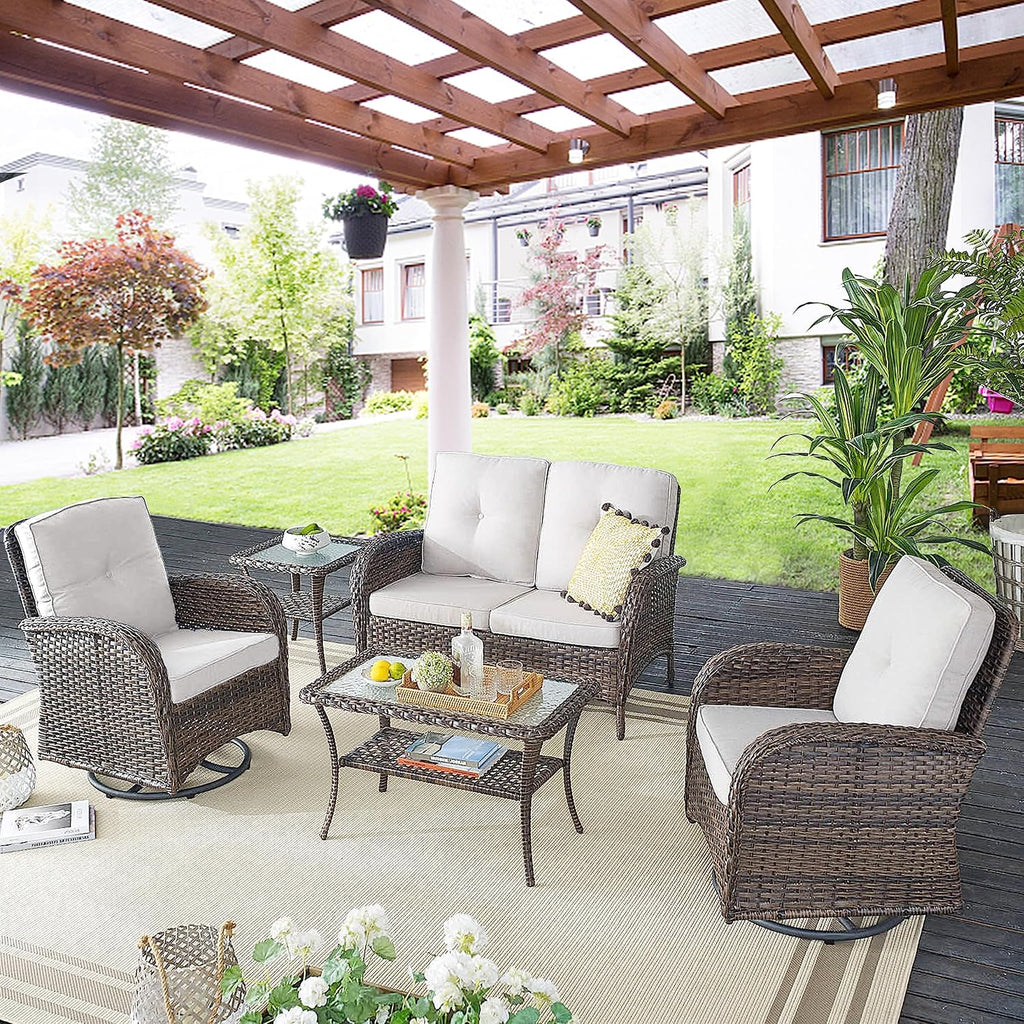 Patio Furniture Swivel Glider PE Wicker Chairs, Outdoor Swivel Rocker Seating with Cushions for Porch Deck Balcony