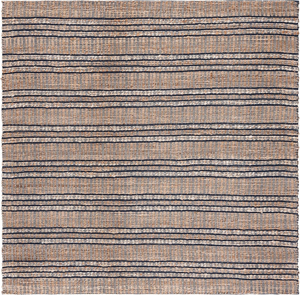 Natural Fiber Collection Area Rug - 6'6" Square, Navy & Natural, Handmade Flat Weave Stripe Jute & Cotton Jute, Ideal