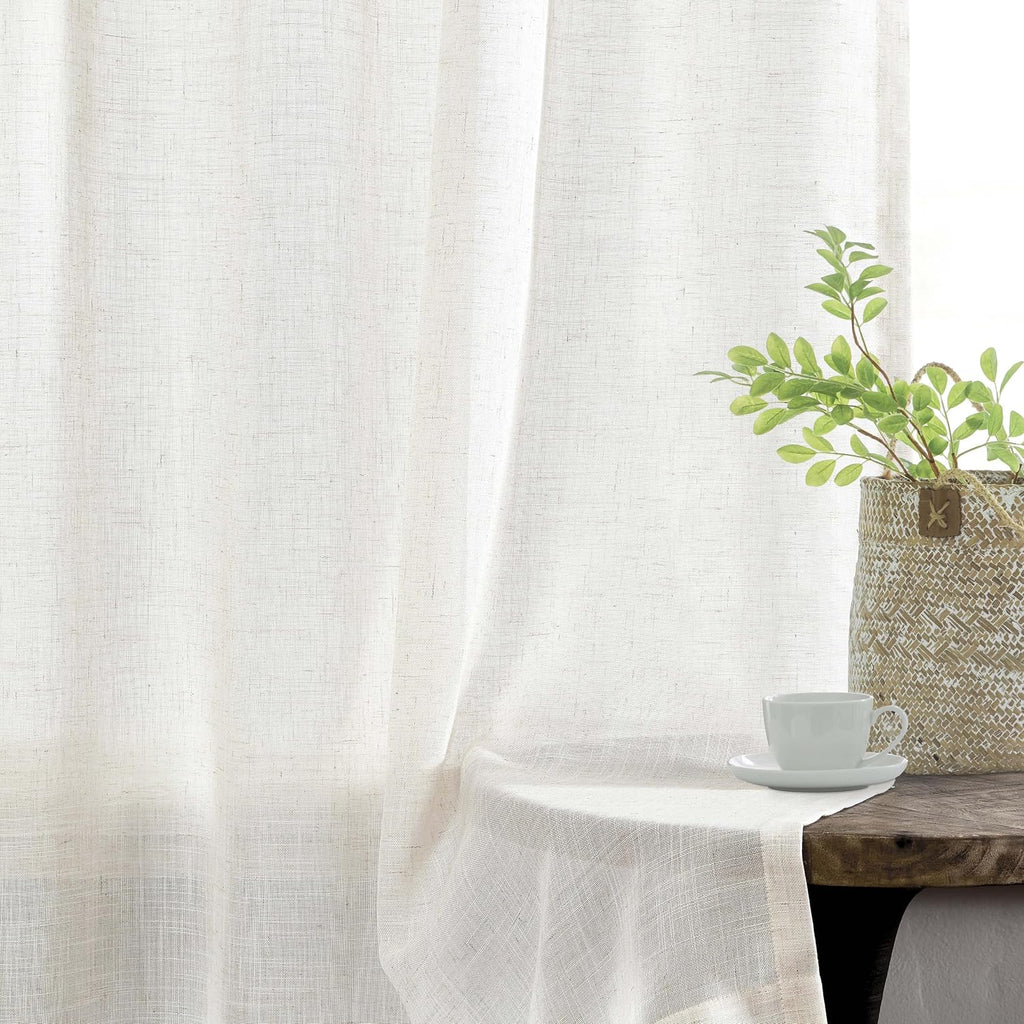 95 Inches Long Natural Pinch Pleated Sheer Curtains for Bedroom 2 Panels,Farmhouse Rustic Linen Living Room Pleat