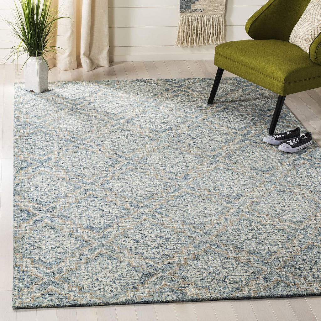 Abstract Area Rug - 10' x 14', Blue & Grey, Handmade Wool