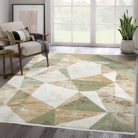 Abani Savoy Collection Area Rug - Green and Cream Geometric Design - 4'x6' - Easy to Clean - Durable for Kids and Pets