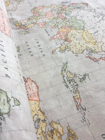 Beige World Map 3 Designer Curtain Upholstery Cotton Fabric Material - Globe Print - 55 inches Wide - Beige (Sold by