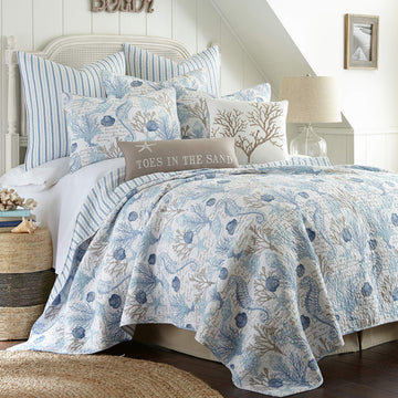 Galapagos Blue Cotton Quilt Set Blue, Natural Coastal