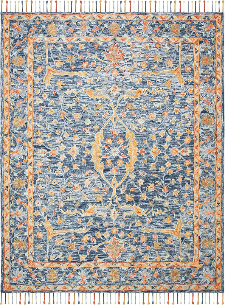 Aspen Area Rug - 9' x 12', Blue & Rust, Handmade Boho Braided Tassel Wool