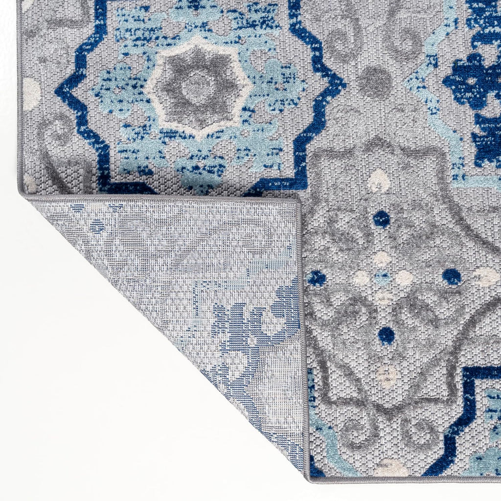 Mediterranean Medallion Indoor Outdoor Area Rug Blue/Gray, Boho for Backyard, Patio, Porch, Easy-Cleaning, High