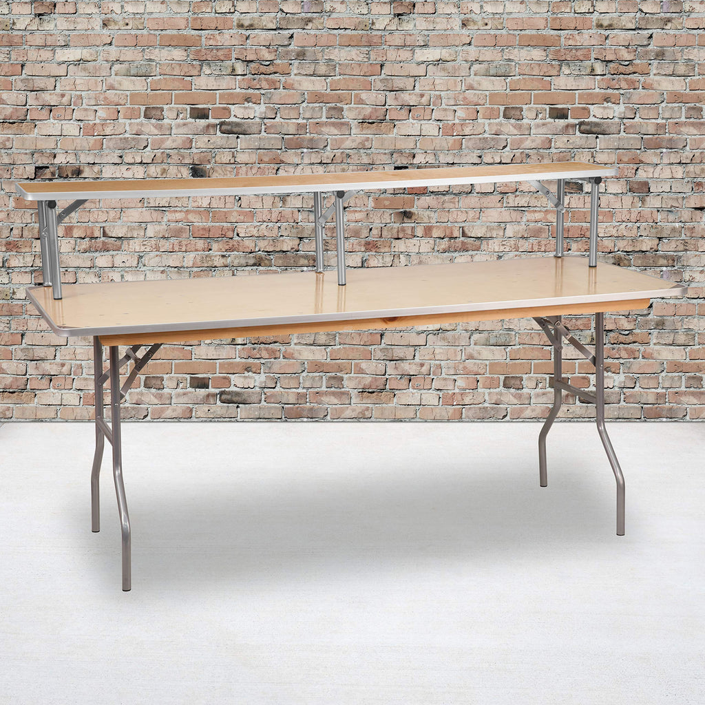 6 ft Rectangular Birchwood Folding Banquet Table with Metal Edges + 72" Bar Top Riser