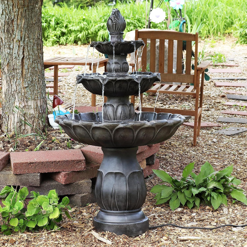 Classic Tulip 46" Tiered Outdoor Water Fountain - 3-Tiered Outdoor Fountain - Dark Brown