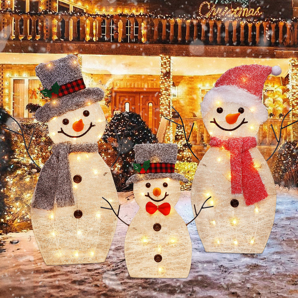 Light Up Snowman Family, Pre-Lit 60 Lights Christmas Collapsible Snowman Outdoor Decoration, Outdoor Lighted Snowman