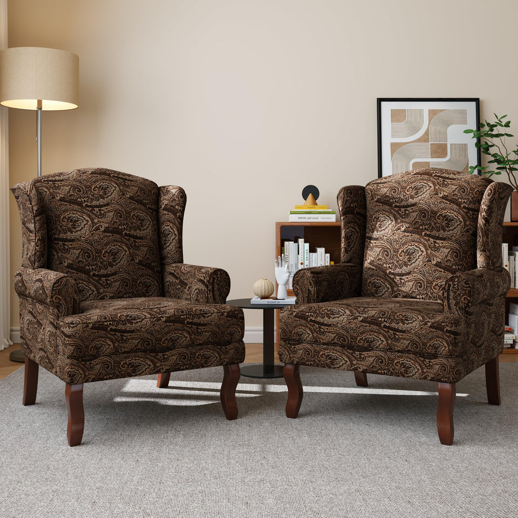 High Back Accent Chair, Fabric Pattern Wingback Armchair, Cranberry