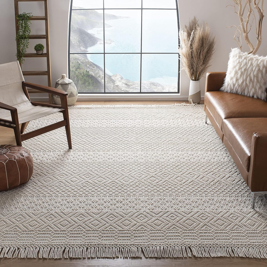 Natura Area Rug - 9' x 12', Ivory, Handmade Moroccan Boho Wool Fringe