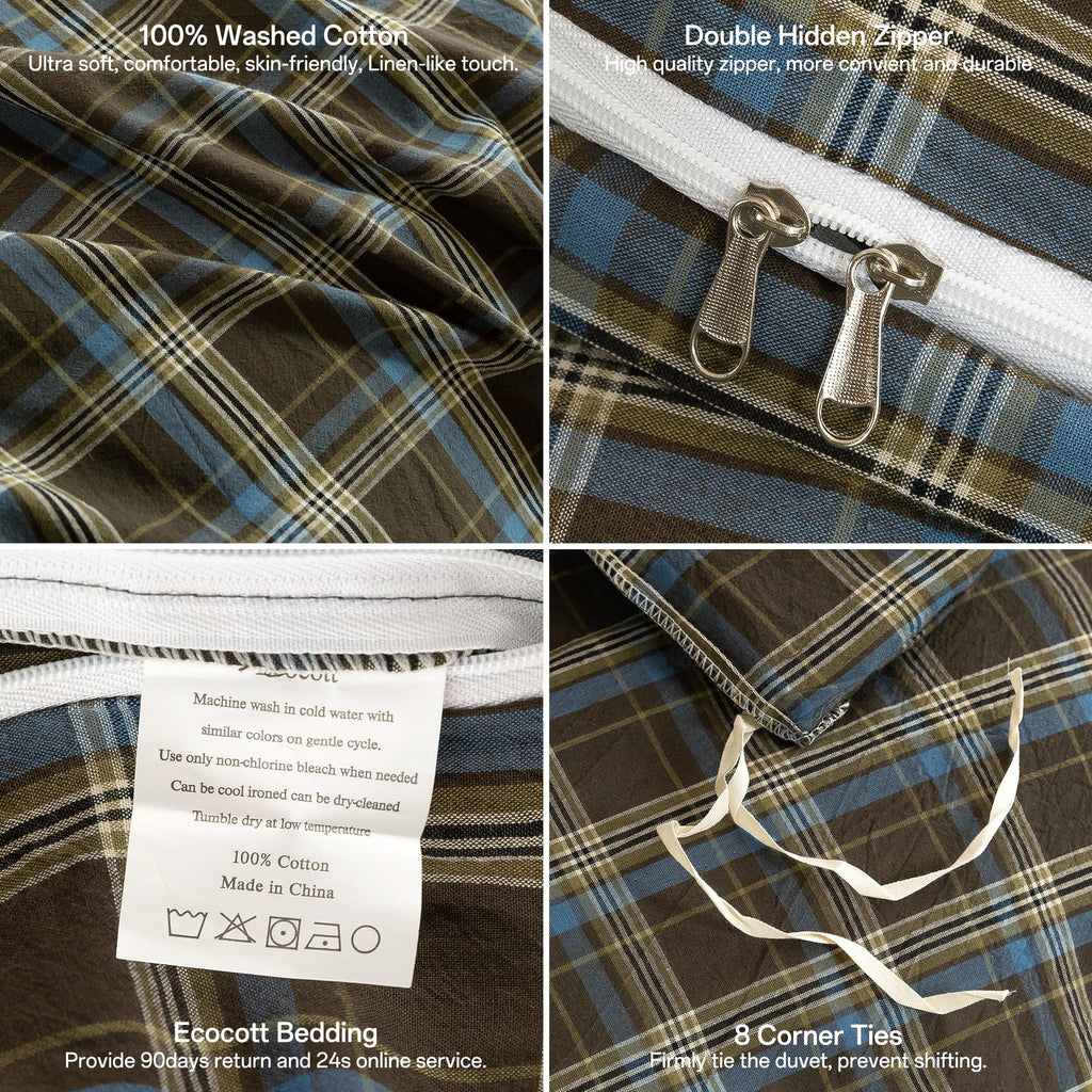 Cotton 3 Pcs Duvet Cover Set Linen Feel Brown & Blue Plaid King