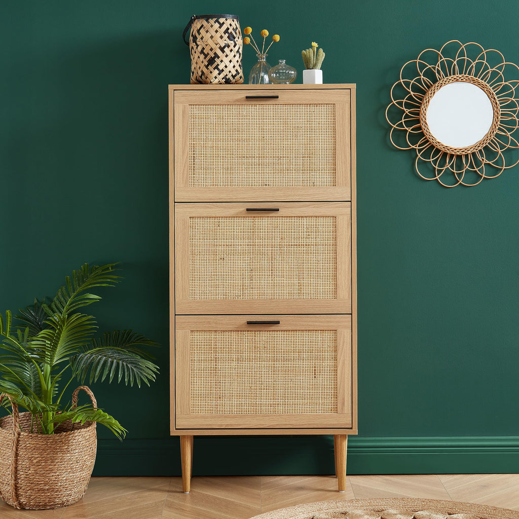 Amana Shoe Cabinet Oak Effect and Rattan Cane 60 cm