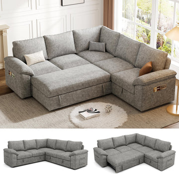 85'' Modular Sectional Sofa with Pull Out Bed, Sleeper Sofa, Light Gray