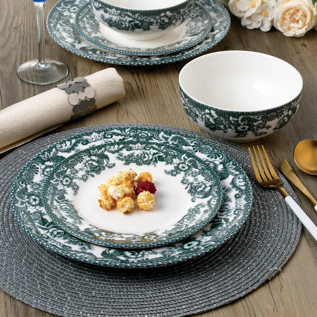 Montana Chip-Resistant Porcelain Dinnerware Set, 12-Piece, Elegant Green Floral Border