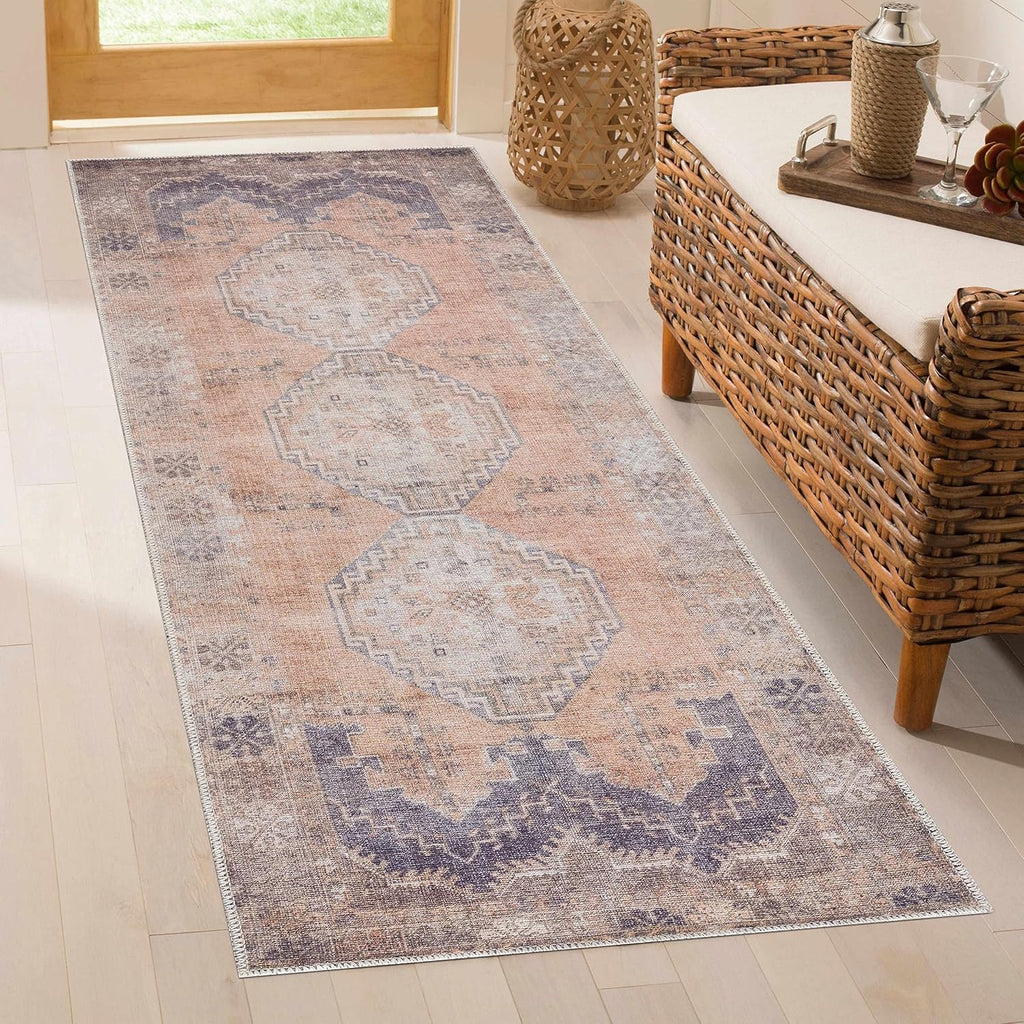 Carrabelle Machine Washable Area Rug - Medallion Geometric Border Distressed Faded - Traditional Oriental