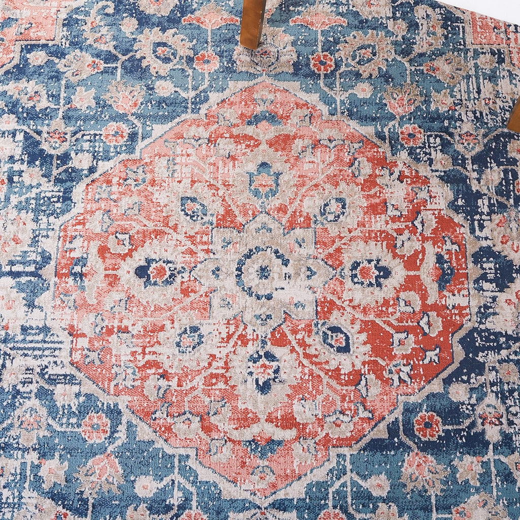 Madison Collection Area Rug, Navy & Rust, Oriental Distressed Medallion Design, Non-Shedding & Easy Care