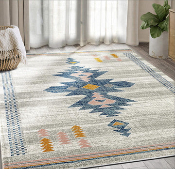Porto Collection Southwestern Area Rug, Rectangular Turkish Beige & Blue Tribal Print Accent Rug Rugs