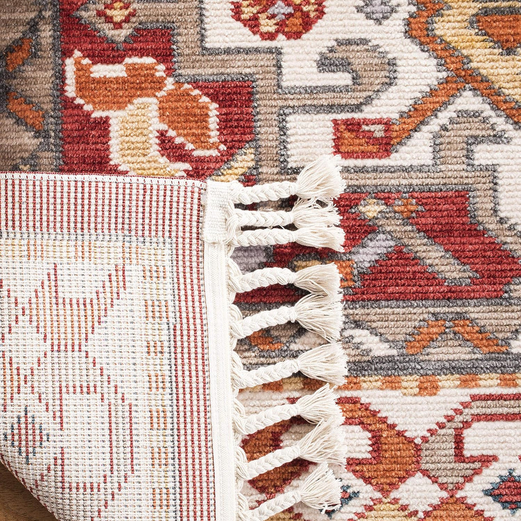 Area Rug - Farmhouse Collection - Large - Ivory & Red, Oriental Tribal Tassel Design, Non-Shedding & Easy