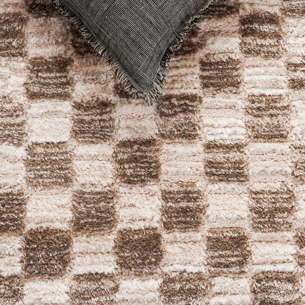 Seattle Shag Collection Runner - 2'3" x 8', Ivory & Brown, Checkered Pattern, 1-inch Thick, Ideal for the Living