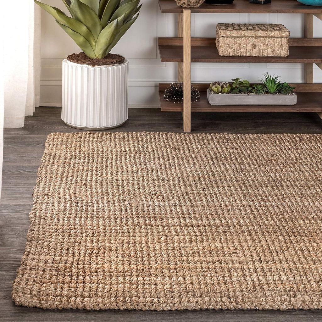 Pata Hand Woven Chunky Jute Natural Area Rug, 9x12, Bohemian, Rustic, Cottage, Easy-Cleaning