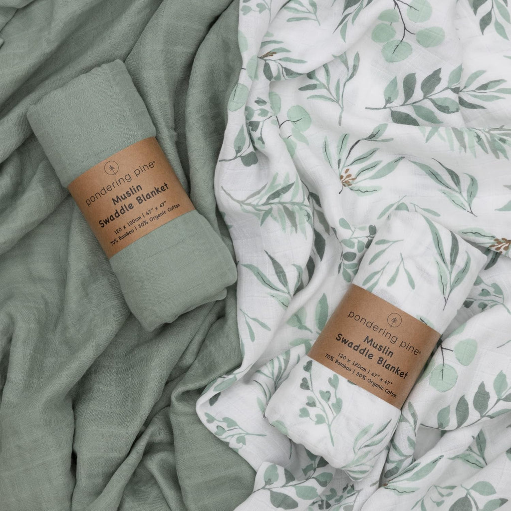 Organic Baby Muslin Swaddle Blankets for Boy or Girl - Eucalyptus Leaves and Sage Swaddling Blanket 2 Pack - Soft