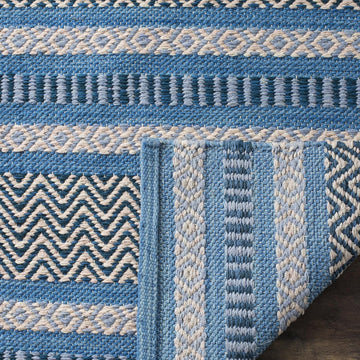 Area Rug 8x10 - Montauk Collection - Large - Blue & Grey, Handmade Flat Weave Cotton, Stripe Pattern, Ideal, Dining