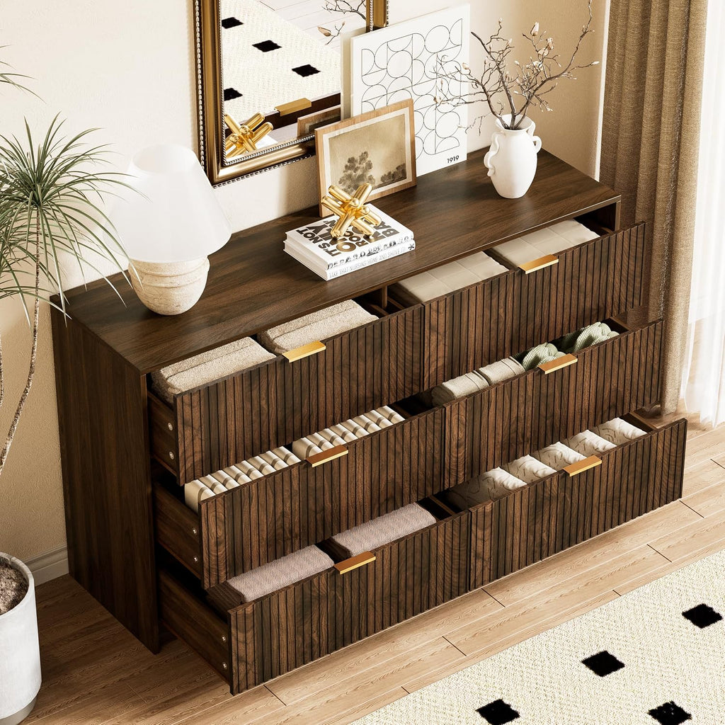 Walnut Dresser , Modern Dresser with 6 Drawers and Smooth Slides, Wide Chest of Drawers with Golden Handles , Closet