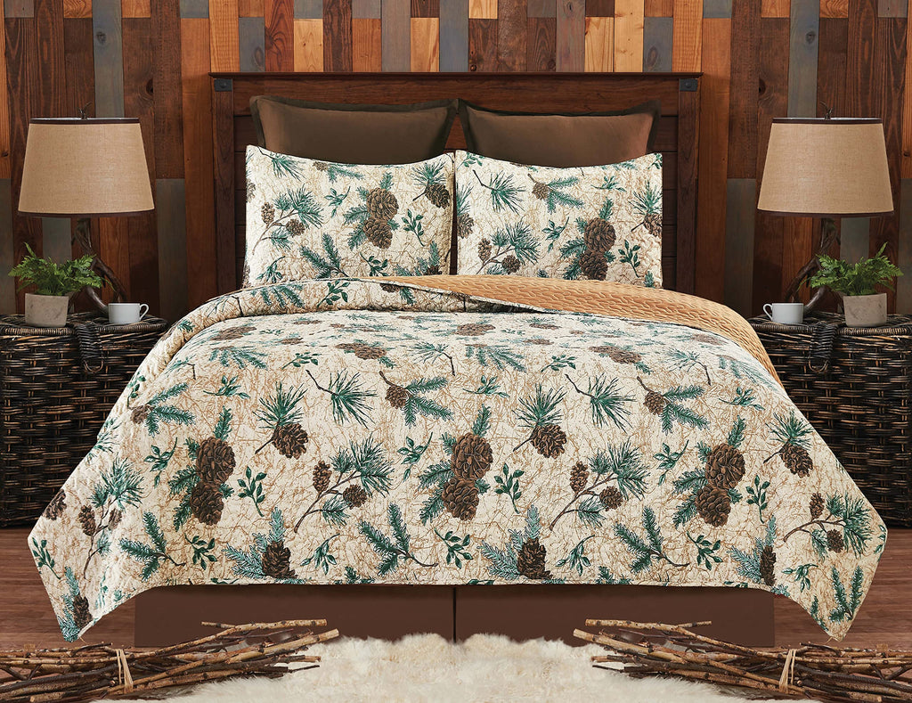Rustic Pinecones & Needles Quilt Set Lodge Cabin Bedding w/ Sham