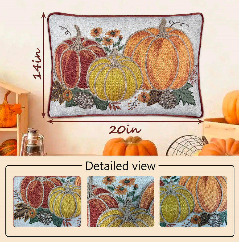 Fall Thanksgiving Embroidery Pumpkin Throw Pillow Cover 14x20 Inch, Farmhouse Harvest Decorative Cushion Case 14x20