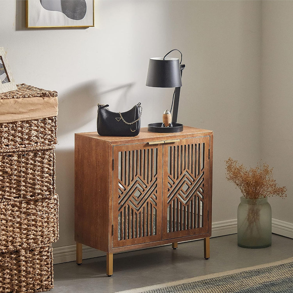 2 Door Accent Cabinet, Wood Sideboard Storage Furniture with Modern Geometric Mirror Front, Freestanding Home and
