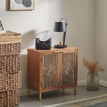 2 Door Accent Cabinet, Wood Sideboard Storage Furniture with Modern Geometric Mirror Front, Freestanding Home and