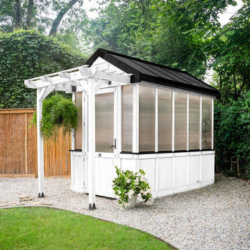Bellerose 9' x 6' White Cedar Wood and Polycarbonate Walk-in Greenhouse Kit with Pergola, Exhaust Fan, Window, Hose