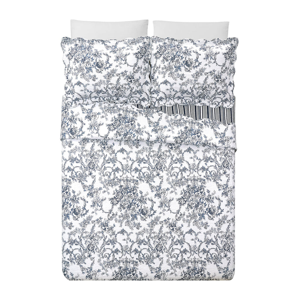 Garden Toile 3-Piece Reversible Quilt Set - Lightweight Coverlet Set, Floral Vintage Quilted Bedding Set with 2