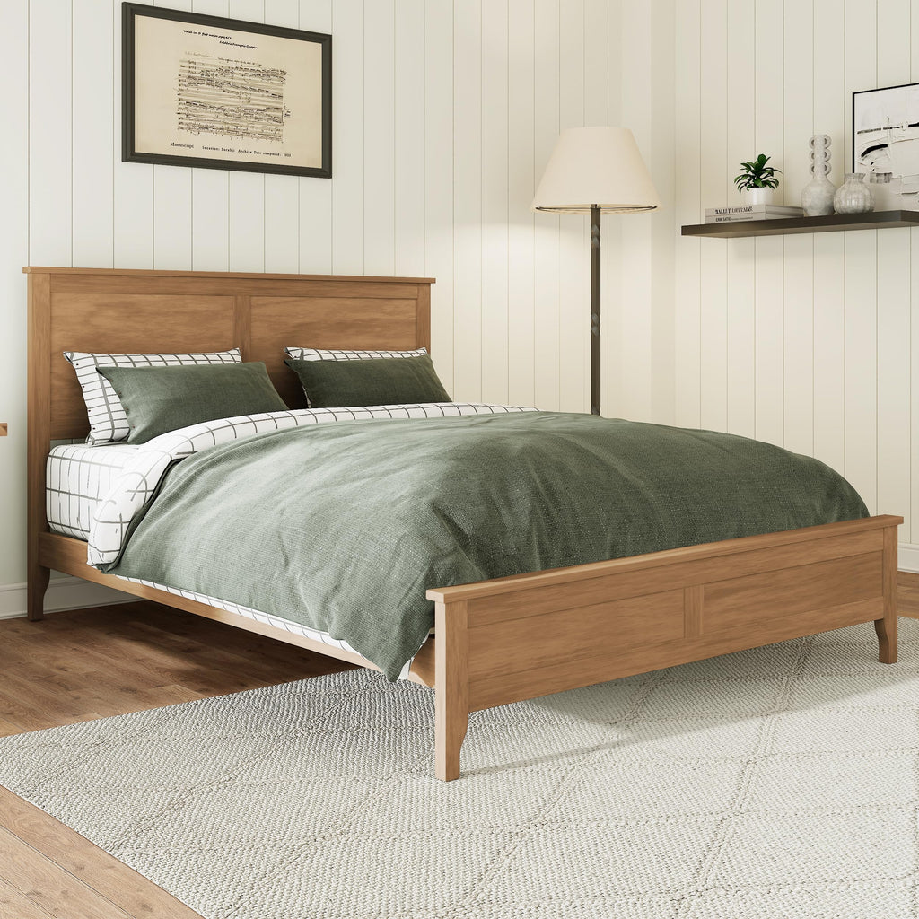 Farmhouse Platform Bed with Headboard, Modern Solid Wood Platform Bed Frame, Sturdy Wooden Foundation with