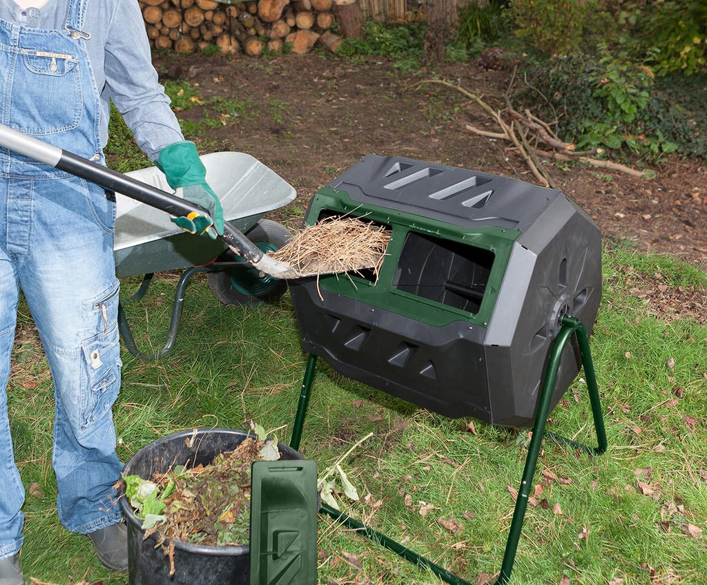 Mr.Spin Compost Tumbler - 160 Liters / 43 Gallon, Dual Chamber Composter On Two-Leg Stand,Green/Black