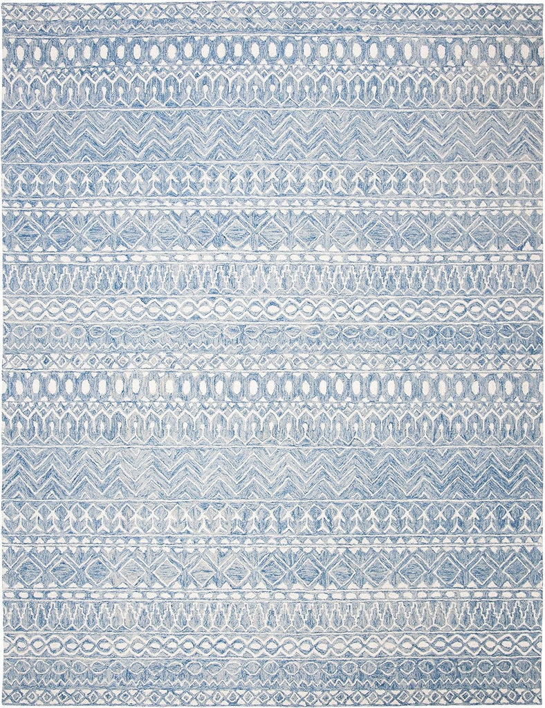 Micro-Loop Area Rug - 9' x 12', Blue & Ivory, Handmade Moroccan Boho Tribal Wool