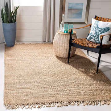 Natural Fiber Collection Area Rug - 4' Square, Natural, Handmade Boho Fringe Woven Jute, Ideal for High Traffic Areas