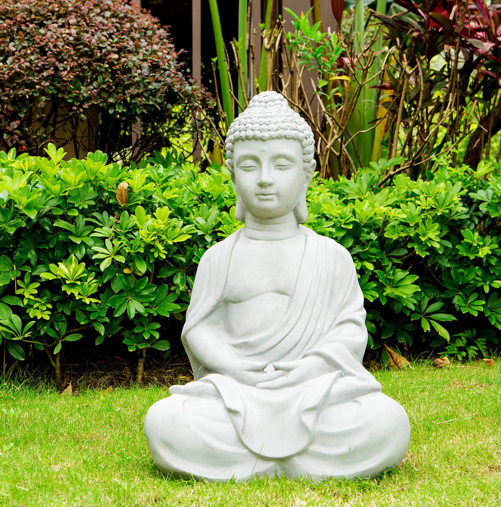 25.6" Lightweight Sitting Meditating Buddha Zen Indoor Outdoor Statue Natural Concrete