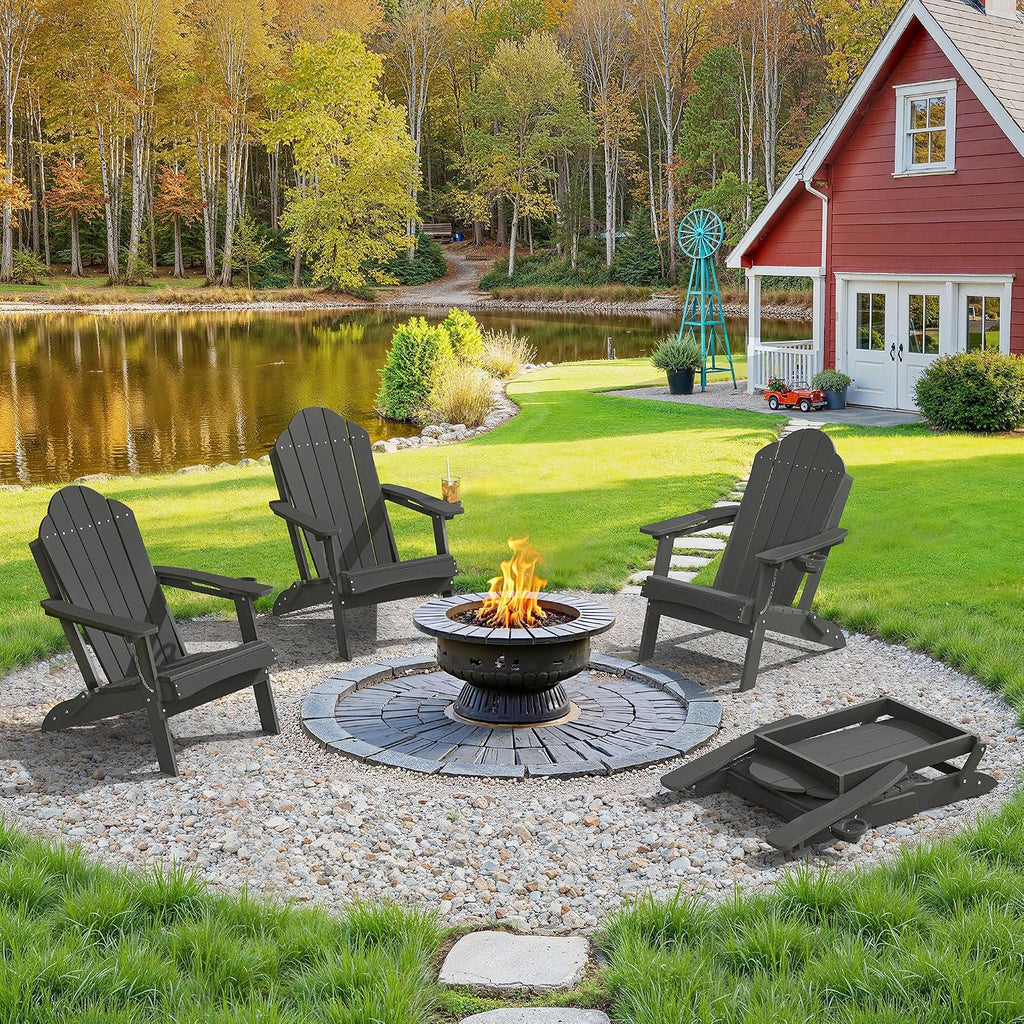 HDPE Folding Adirondack Chair, Cup Holder, Set of 4, Black | HDPE poly lumber, folable, all-weather resistant, Low