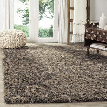 Florida Shag Collection Area Rug - 4' Square, Smoke & Beige, Damask Design, Non-Shedding & Easy Care, 1.2-inch Thick