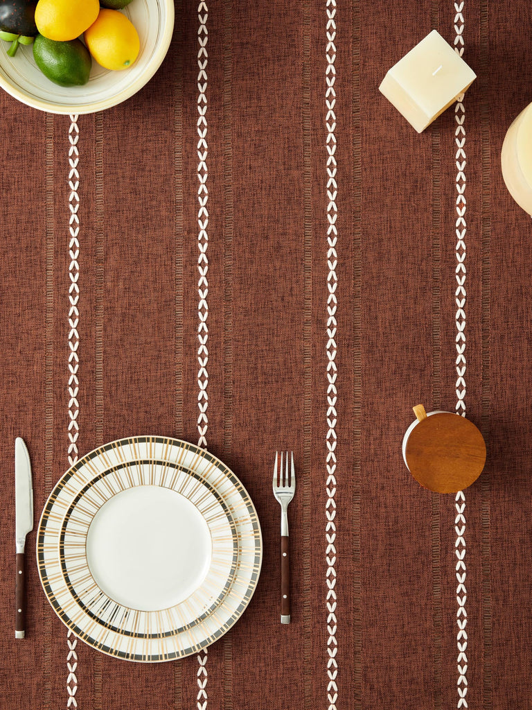 Hemstitched Striped Boho Table Cloth, 54 Inch Round Terracota