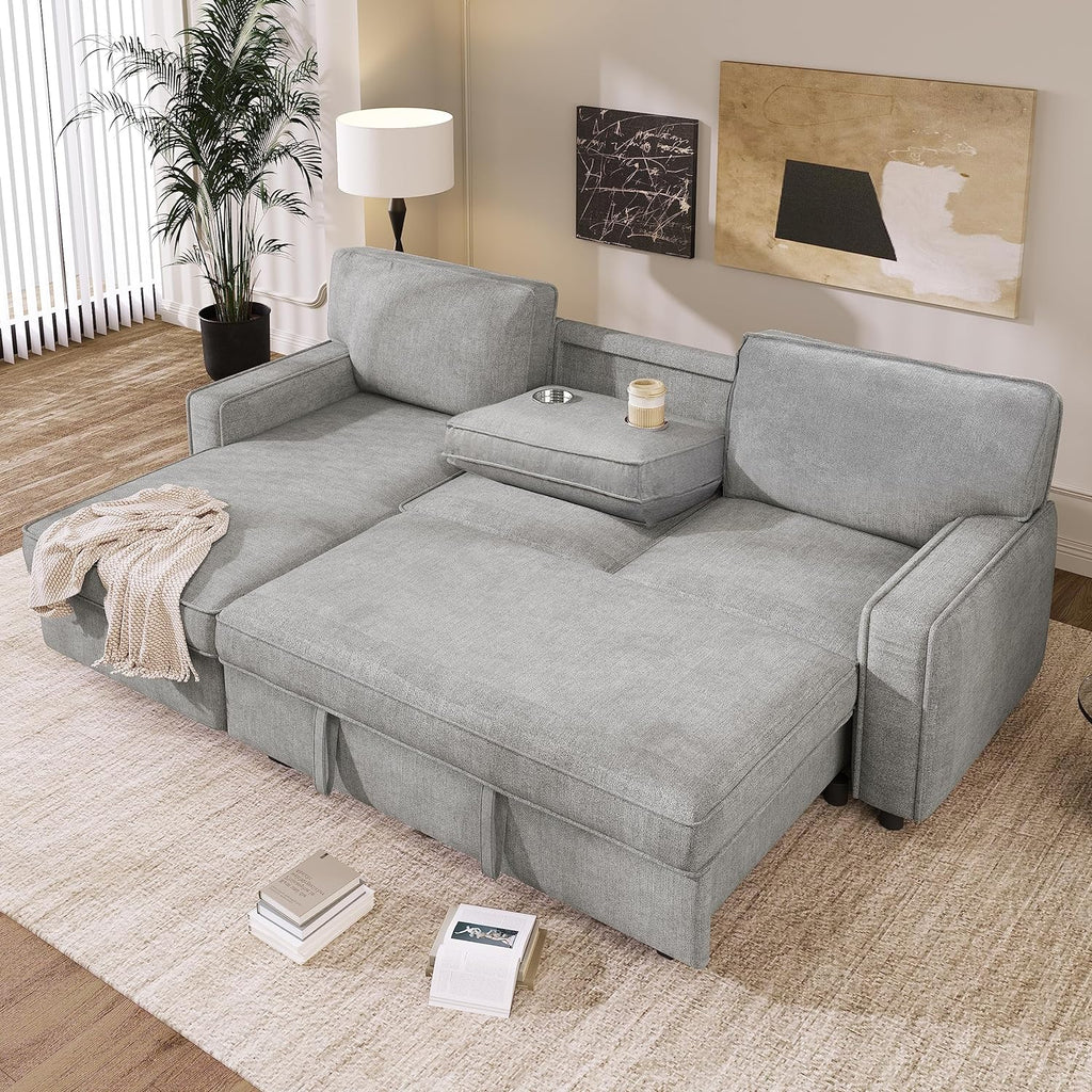 89" Convertible L-Shaped Sleeper Sofa Bed with Storage Chaise, Gray | Modern L-Shaped Sectional Pull Out Couch