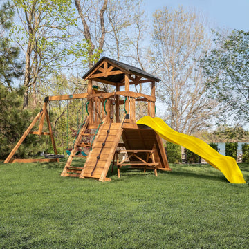 Endeavor II Cedar Wood Swing Set with Wave Slide, Play Deck, Double Rock Wall, Picnic Table, Climbing Wall, Belt