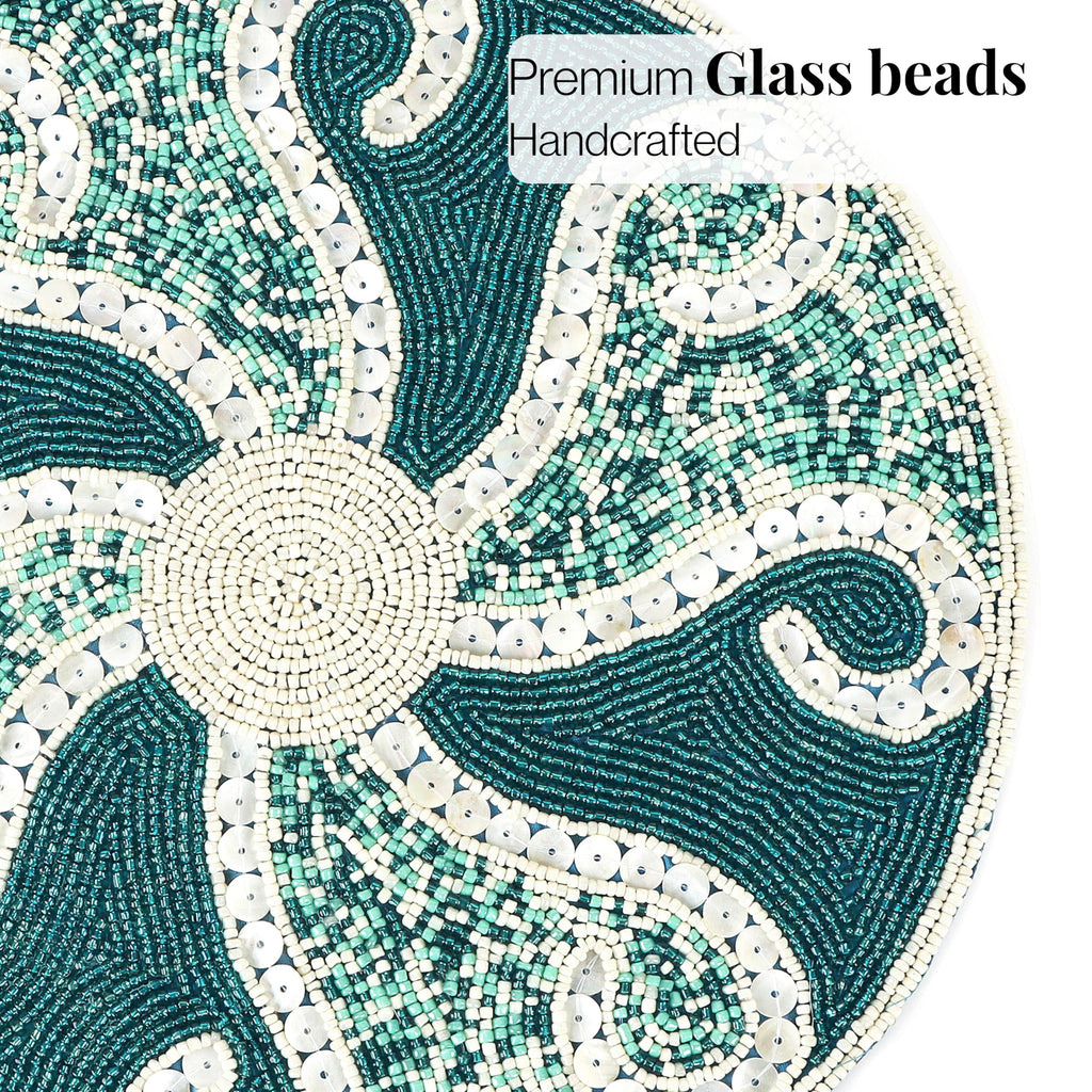 Beaded Placemats 13 Inch Teal Ivory Round Table Mats
