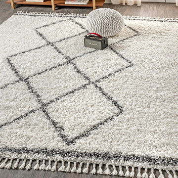 Mercer Shag Plush Tassel Cream/Gray Indoor Area Rug, Moroccan Geometric Trellis, Bohemian, Easy-Cleaning, Pet