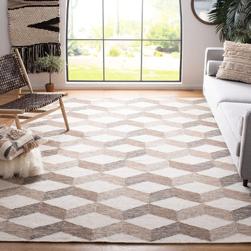 Area Rug - Kilim Collection - Large - Ivory & Brown, Handmade Flat Weave Wool, Reversible, Modern Geometric