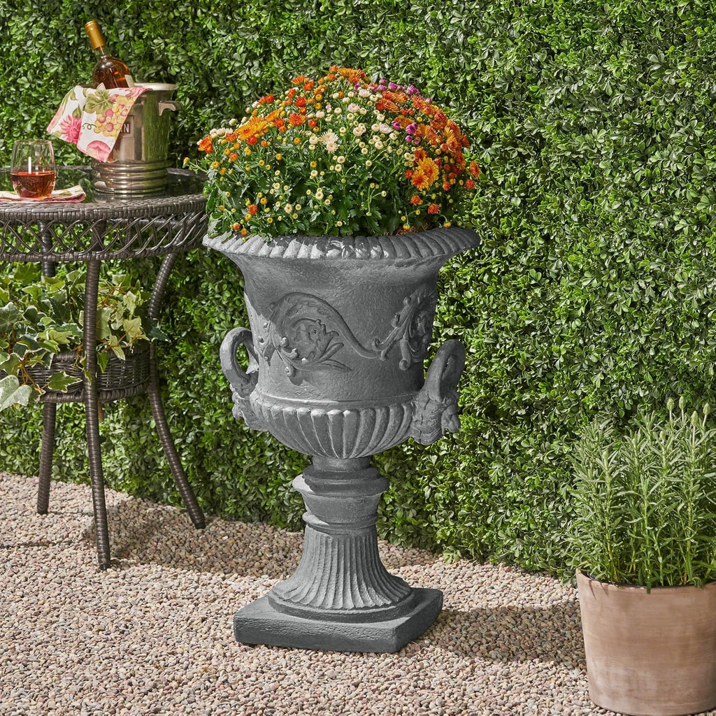 28-inch MGO Roman Garden Urn Planter, Lightweight Concrete Indoor Outdoor Flower Pot with Drainage Hole & Stopper