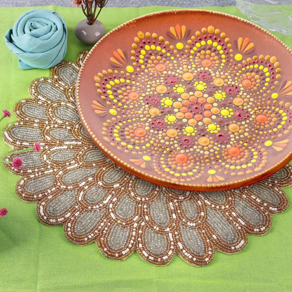 Beaded Placemats 13 Inch Ivory Gold Round Table Chargers